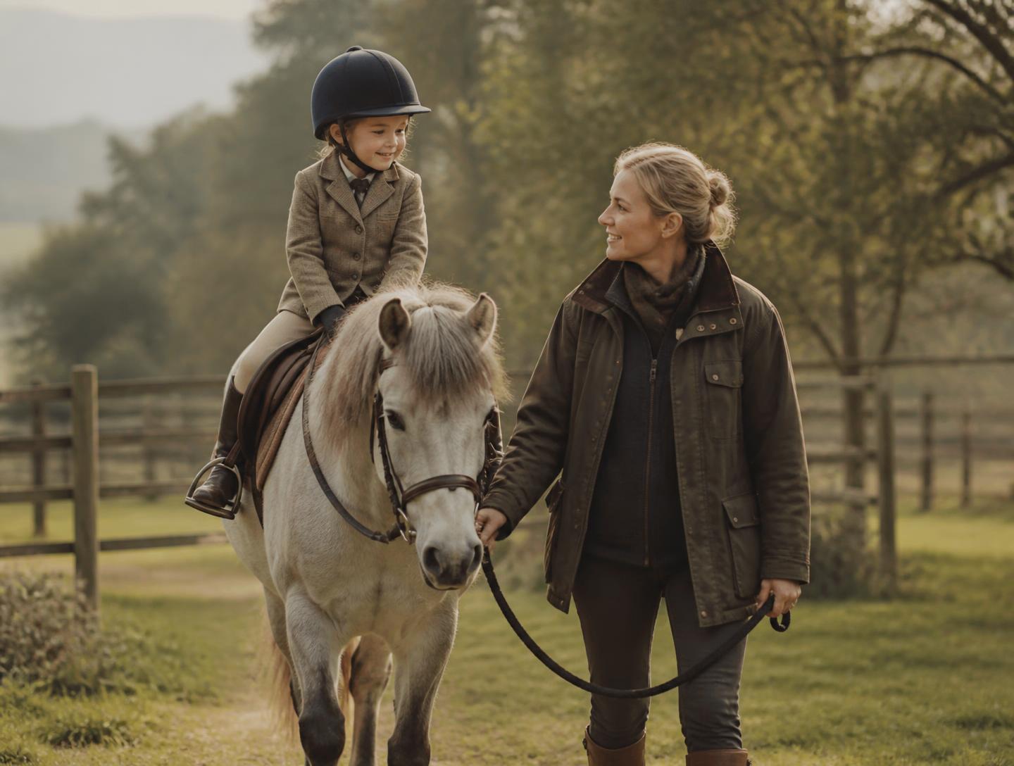 A child in a riding hat on a grey pony, led by an adult through a paddock