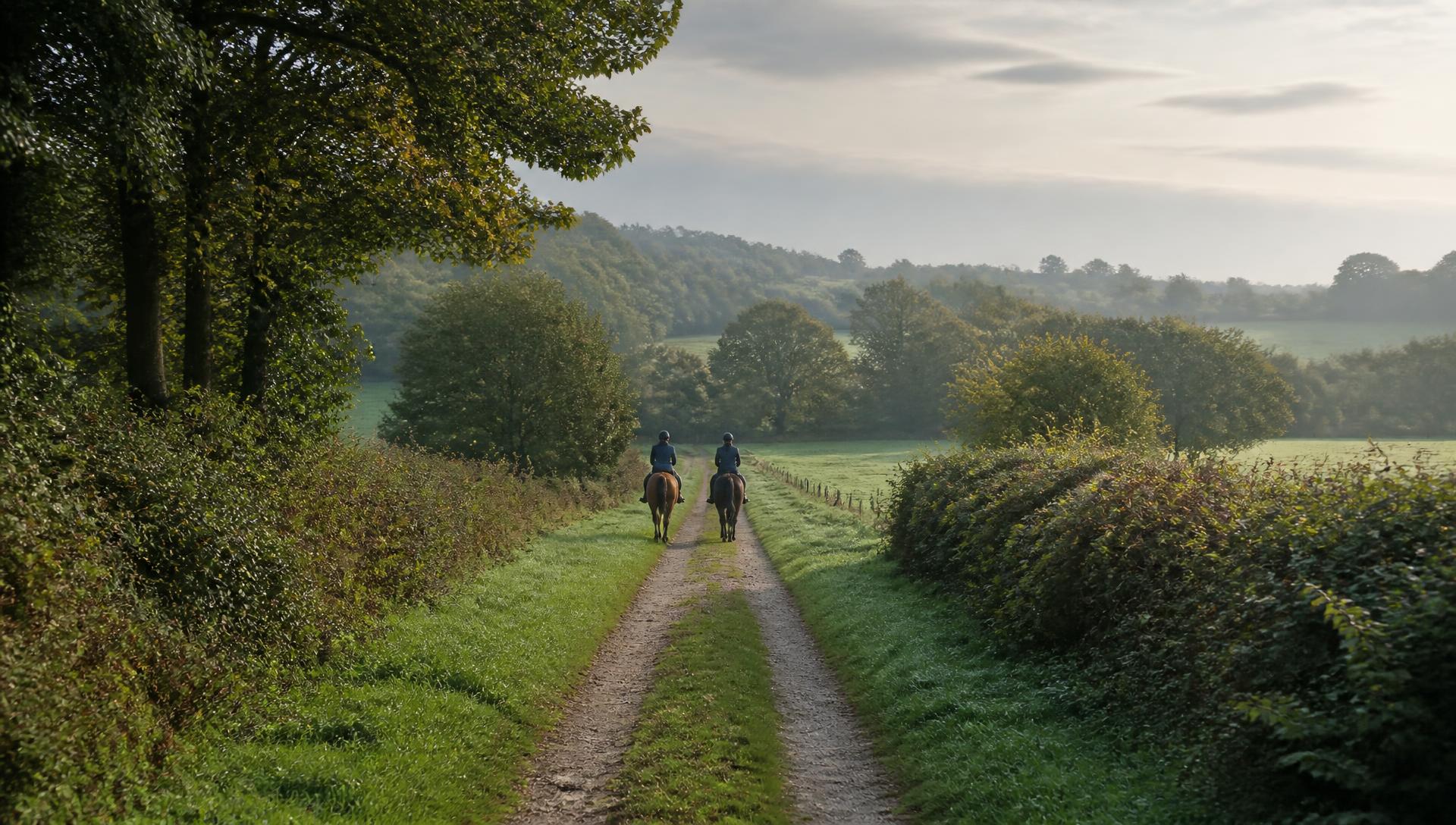 Two riders hacking away along a bridleway through Berkshire countryside
