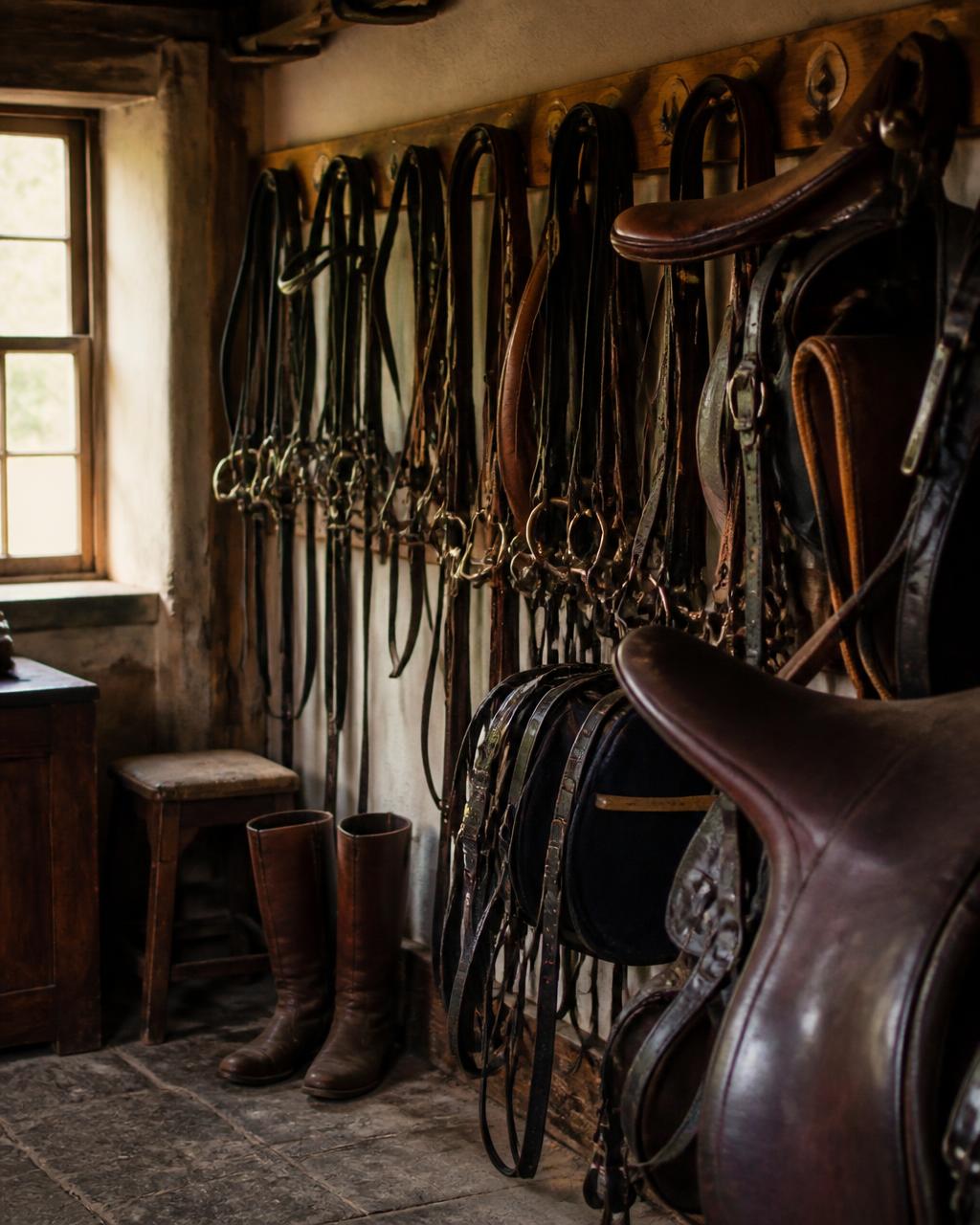 Bridles and saddles in a traditional tack room